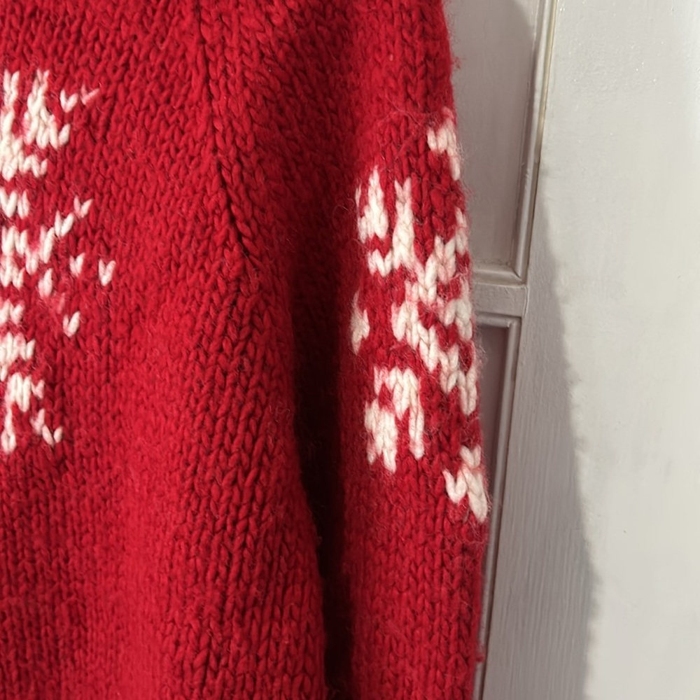 American Eagle Chunky Hand Knit Wool Snowflake Ski Winter Red Hooded Sweater - L - Picture 4 of 8